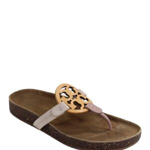 NWT Tory Burch Womens Leather Thong Slide On Medallion Sandal BeigeOrange Size 7